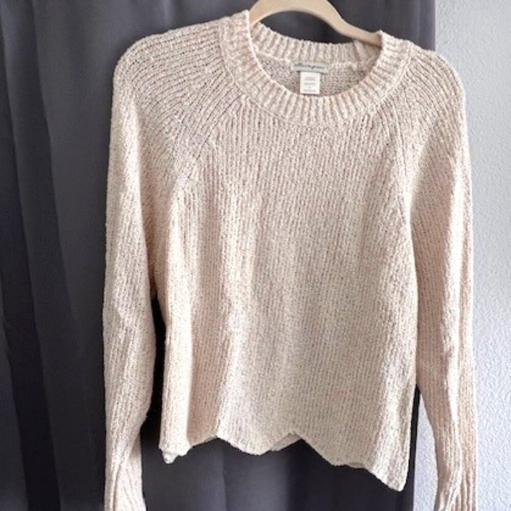 Cotton Emporium Miriam Cropped Scalloped Hem Pullover, Size S, Beige